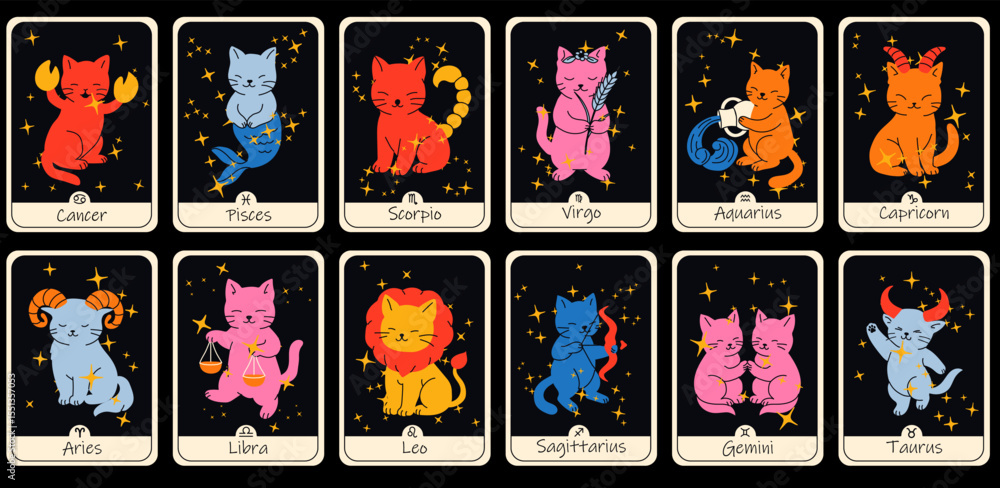A mystical set of Tarot cards featuring zodiac cats, each card representing a unique astrological sign. 