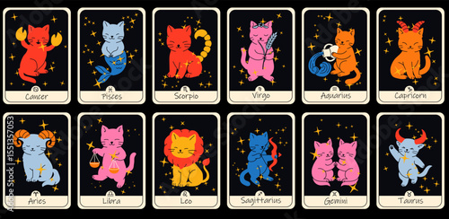 A mystical set of Tarot cards featuring zodiac cats, each card representing a unique astrological sign. 