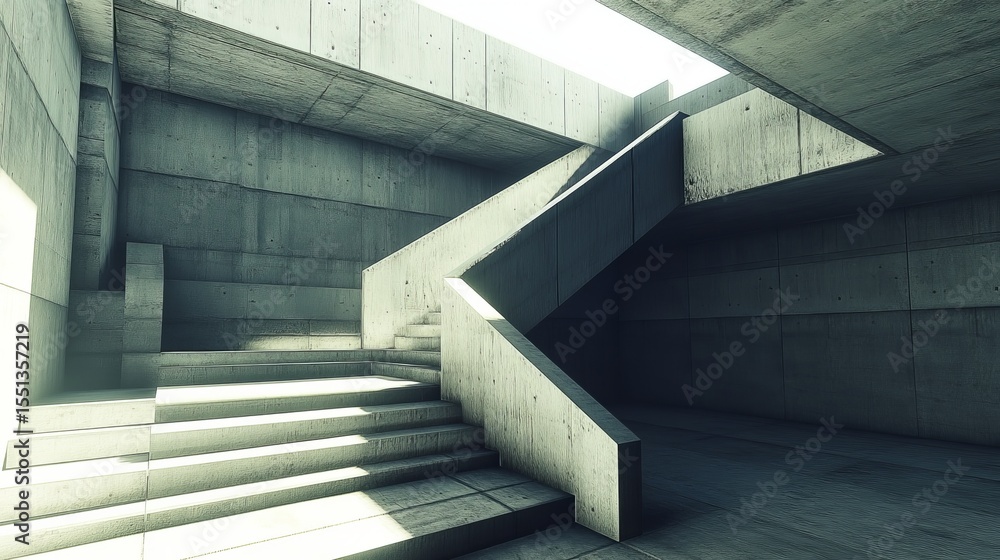 Fototapeta premium Sunlit concrete staircase in a minimalist interior. The image shows a modern architectural design with stark lines and shadows