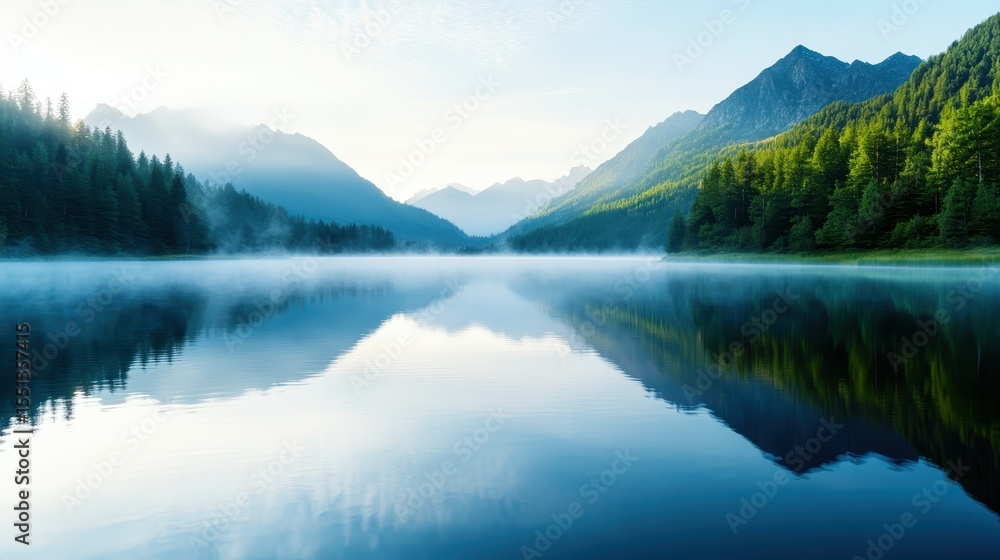 Naklejka premium This tranquil lake scene captures the majestic mountains reflecting beautifully in the calm water, with a soft mist highlighting the serene ambiance of untouched nature.