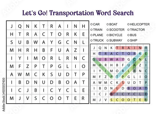 Transportation Word Search Puzzle with Solutions for Kids and Adults
