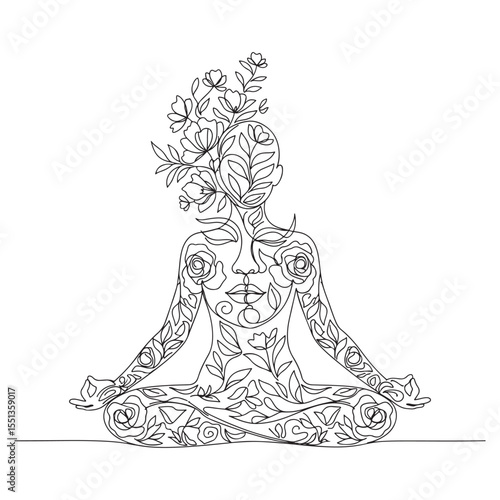 Woman meditating with flowers growing from head and body
