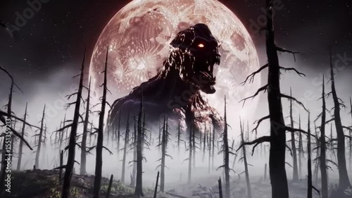 Wallpaper Mural Eyeless towering monster with huge jaws rises through fog in dead forest beneath blood-red moon with slimy flesh glistening in dreadful silence Torontodigital.ca