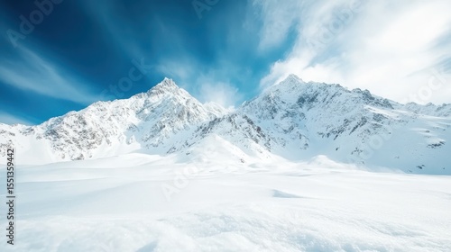 Grand snow-covered mountains rise majestically against a deep blue sky, creating a breathtaking landscape that evokes feelings of tranquility and awe, perfect for nature lovers.