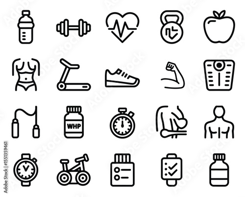 A collection of fitness icons and illustrations is suitable for showcasing health, wellness, and an active lifestyle. It's ideal for promoting workout concepts.