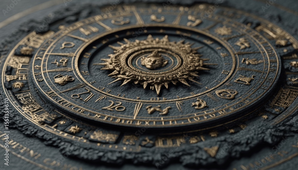 Obraz premium Intricate Gold And Dark Gray Stone Zodiac Clock Design