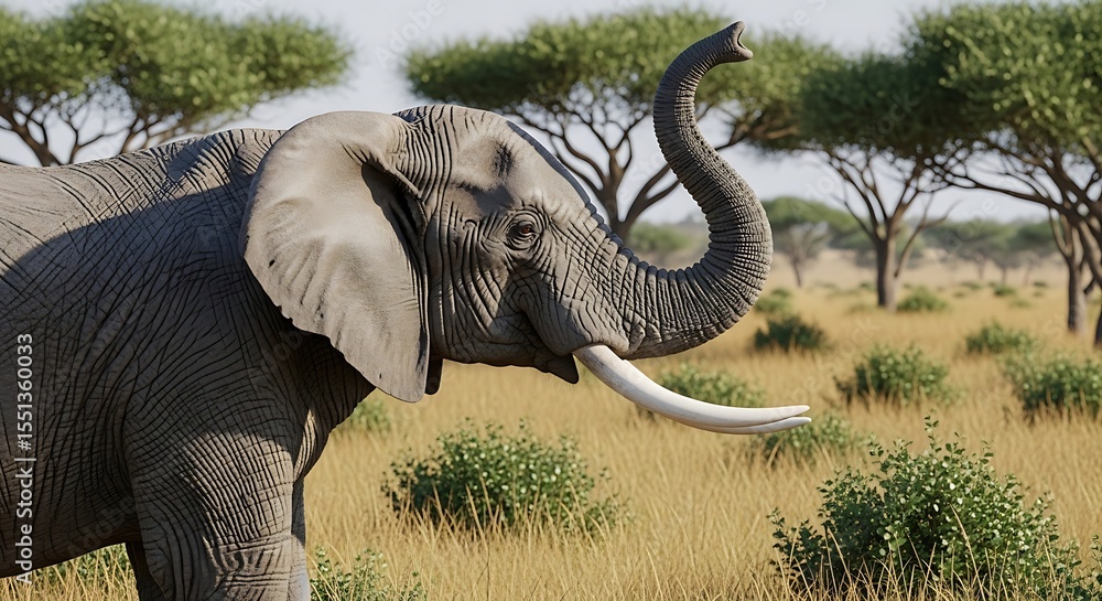 Obraz premium Majestic African Elephant: Detailed Close-Up in Savannah, Trunk Raised, Ivory Tusks, Lush Green and Gold Landscape, Serene Wildlife, Inspiring Conservation Imagery