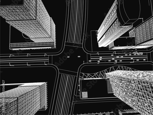 A black and white cityscape with tall buildings arranged in a grid-like pattern, each featuring unique architectural details. The dark background enhances the contrast, highlighting the intricate.