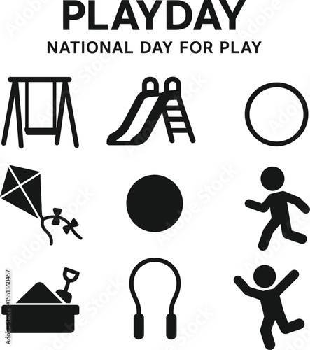 Black silhouette icon set for Playday - National Day for Play. Solid black vector pictograms featuring swing, slide, seesaw, kite, ball, hula hoop, sandbox, jump rope, hopscotch, and playful motion ic
