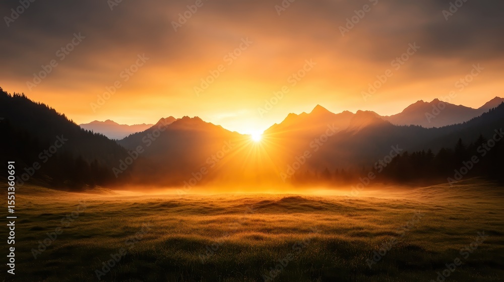 Fototapeta premium A breathtaking sunrise illuminates mountain peaks and a tranquil valley, creating a serene and picturesque landscape that captivates nature enthusiasts and photographers alike.