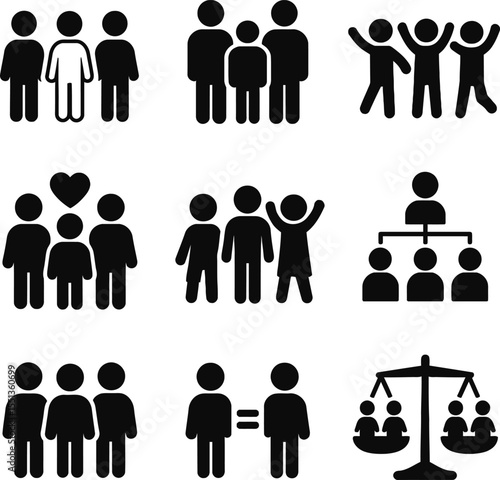 Black silhouette icon set for Middle Child Day. Solid black vector pictograms featuring three children with the middle one highlighted, family lineup, group of siblings, standing side by side, playful