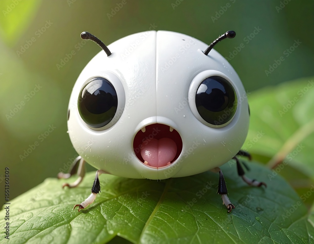 Obraz premium Macro cartoon ladybug with enlarged head, bulging eyes, and a cute mouth with a shocked expression