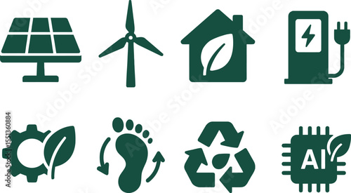 Create 10 clean, flat silhouette vector icons on a white background, using only one solid colour per illustration. Theme: Eco‑innovation and modern green technology.