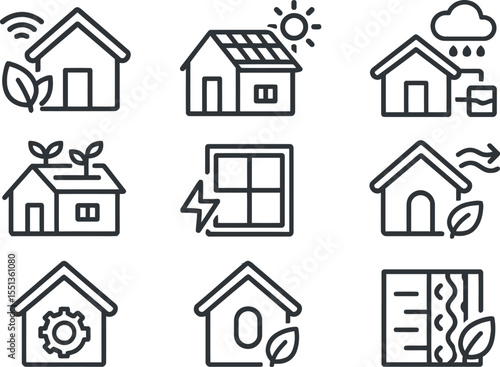 Create a single-colour EPS vector icon set (8–10 icons) on a white background, showing sustainable homes and eco-friendly infrastructure. Focus on smart green building innovations.