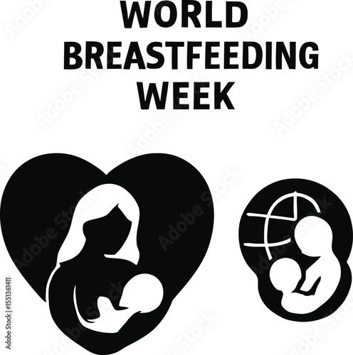 Black silhouette icon set for World Breastfeeding Week. Solid black vector pictograms featuring mother breastfeeding baby, baby bottle, lactation symbol, nurturing hands, milk drop, heart shape, mothe