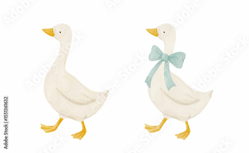 Obraz na plátně Charming watercolor geese, one with a bow