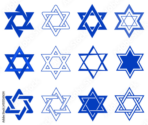 Collage of different blue stars. Star of David illustrations isolated on white background