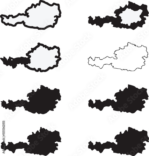 Stylized vector illustrations of austria outlines featuring various black and white silhouette representations ideal for design projects