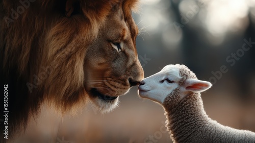 A striking image depicting a lion and a lamb gently touching noses, symbolizing an unexpected friendship and the beauty of harmony in nature.