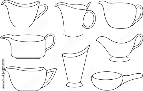 Set of different outline gravy sauce boats isolated on white background