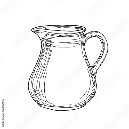 Glass jug for water or milk, black and white ink sketch. Vector illustration. Decanter with bathroom handle, insulated on a white background. The theme of cuisine, cooking, cafes and restaurants