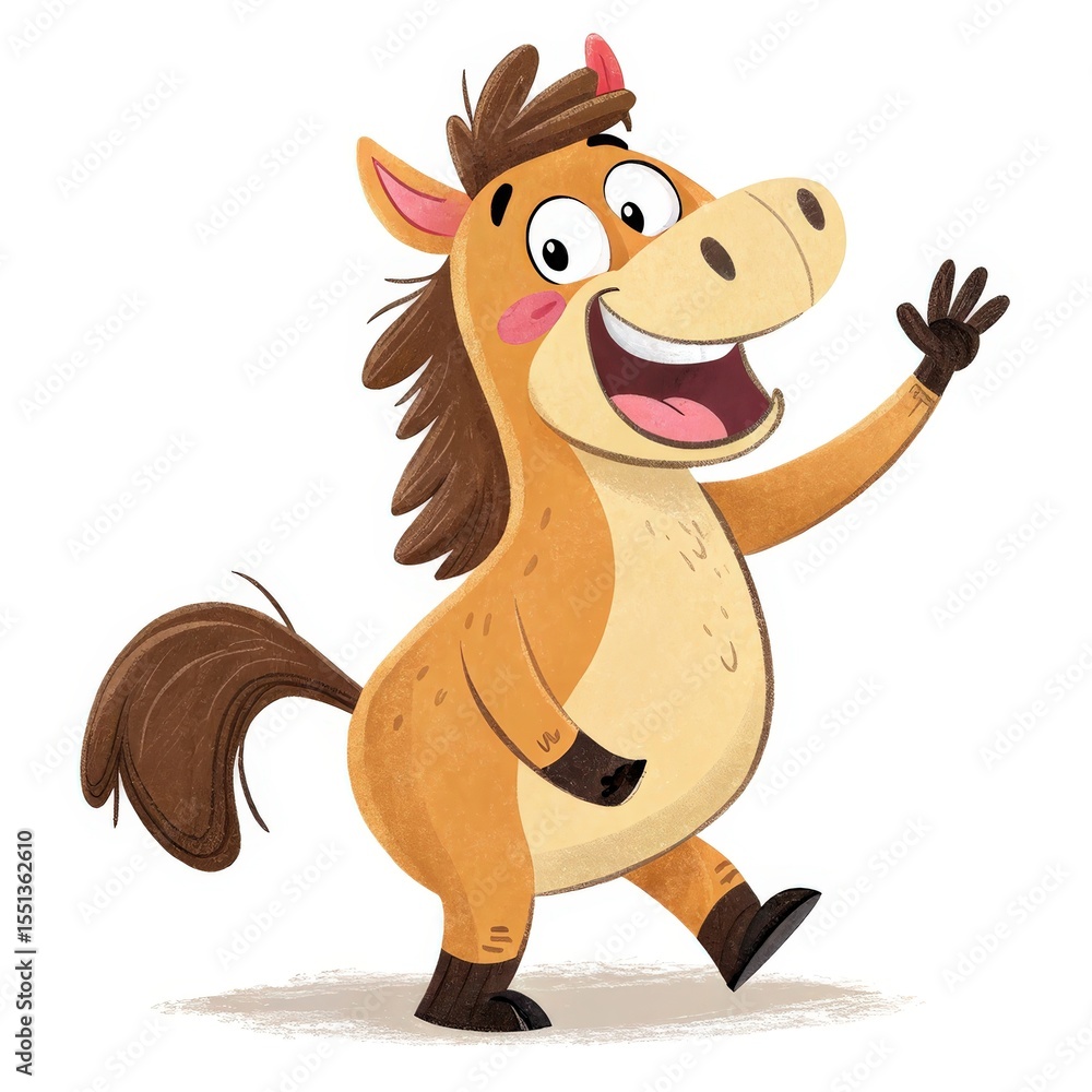 Obraz premium Cheerful Cartoon Horse Waving Hand On White Background. Cute Brown Pony