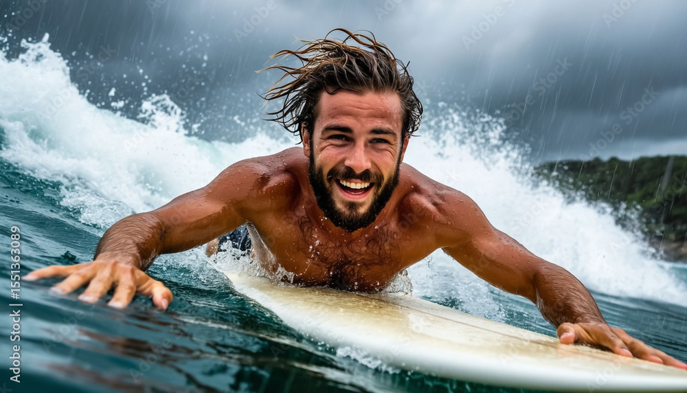 Fototapeta premium Handsome man with beard during storm and thunderstorm with lightning in the sea on surfboard.