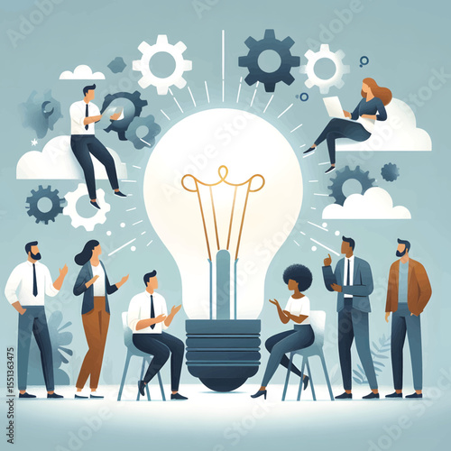 Group of diverse professionals collaborating to develop innovative ideas symbolized by a light bulb and gears, representing teamwork, creativity, innovation, and strategic