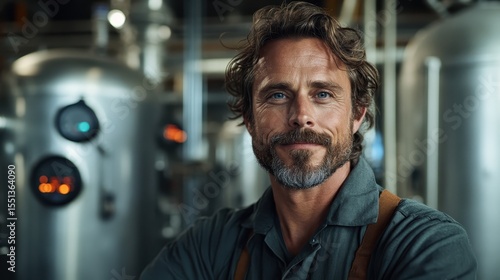 Wallpaper Mural A ruggedly handsome man poses confidently in an industrial environment, showcasing his expertise and experience amid modern machinery and appliances, reflecting resilience. Torontodigital.ca