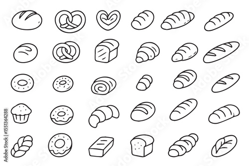 Different types of bakery products hand drawn. Delicious pastries in doodle style. Bakery or bakery menu. Vector 