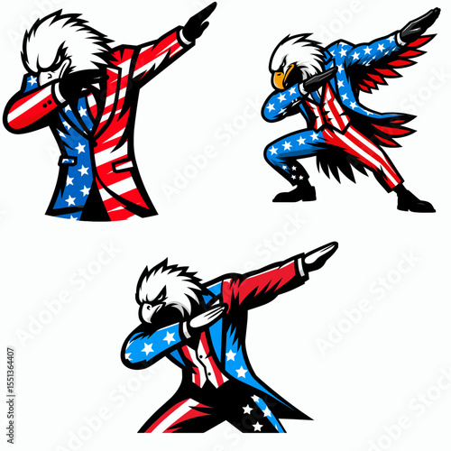 Bald Eagle. Dabbing Independence Day 4th of July American Flag Patriotism Usa Funny Clipart Line Art Vector Illustration. North america raptor a bird prey freedom emblem united state.