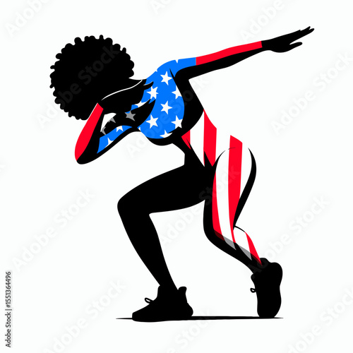 black girl. Dabbing Independence Day 4th of July American Flag Patriotism Usa Funny Clipart Line Art Vector Illustration. African female child young woman color afro heritage adolescent.