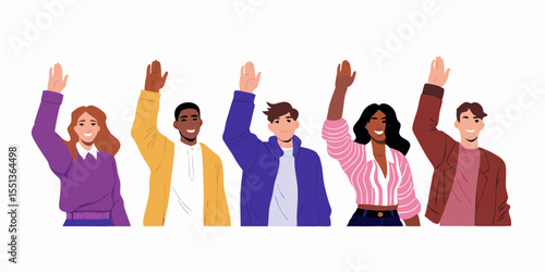 Diverse Group of Young Adults Raising Hands in Unity