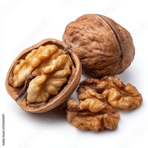 Whole and cracked walnuts with visible kernels on a white background