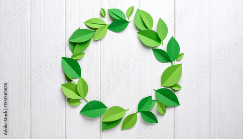 Nature's Embrace: A circular arrangement of vibrant green paper leaves, meticulously crafted, rests gracefully on a wooden surface, symbolizing the beauty and harmony of nature.
