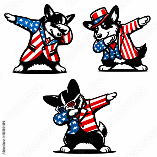 Corgi Dog. Dabbing Independence Day 4th of July American Flag Patriotism Usa Funny Clipart Line Art Vector Illustration. Short legged canine kind a herding breed known as welsh friend.