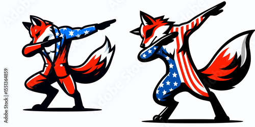 Fox. Dabbing Independence Day 4th of July American Flag Patriotism Usa Funny Clipart Line Art Vector Illustration. Canine type a wild predator clever mammal residing in fauna habitat.