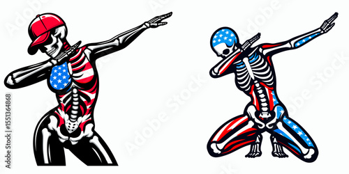 female skeleton. Dabbing Independence Day 4th of July American Flag Patriotism Usa Funny Clipart Line Art Vector Illustration. Womans bony frame human anatomy bone structure physical.
