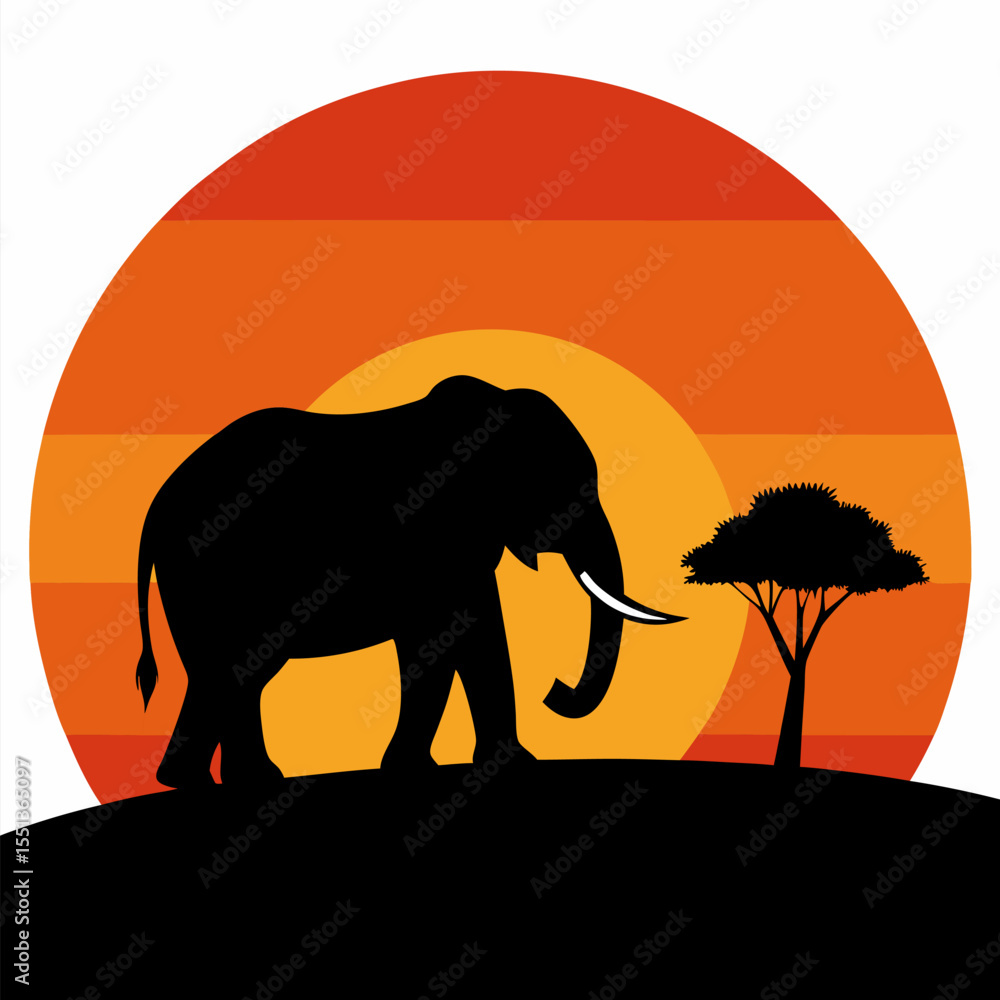 Fototapeta premium Scene with elephant at sunset landscape vector on white background.