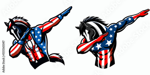 Horse. Dabbing Independence Day 4th of July American Flag Patriotism Usa Funny Clipart Line Art Vector Illustration. Equine a four-legged domestic mammal animal for farm labor riding.
