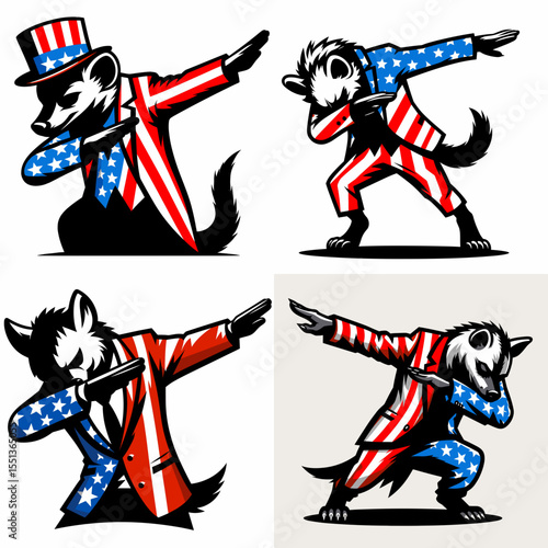 Hyena. Dabbing Independence Day 4th of July American Flag Patriotism Usa Funny Clipart Line Art Vector Illustration. African predator a canine relative that cackles with unique vocal.