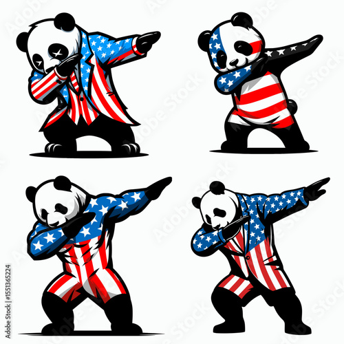 Panda. Dabbing Independence Day 4th of July American Flag Patriotism Usa Funny Clipart Line Art Vector Illustration. Bear type big creature lovable mammal vulnerable species conservation.