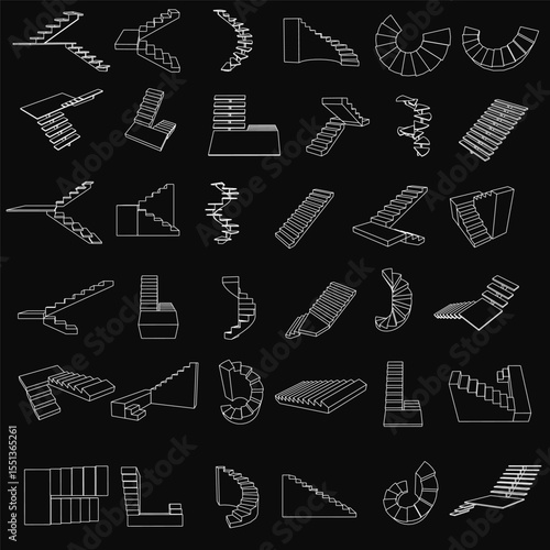 White spiral staircase icons arranged in a neat pattern on a black background, each with unique contours and clean lines. The stark contrast highlights the elegant stair designs