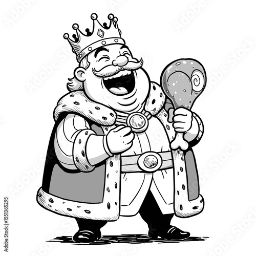 A joyful king with a mustache laughs as he grips a giant drumstick, dressed in a crown and plush royal robe in a fun cartoon style.