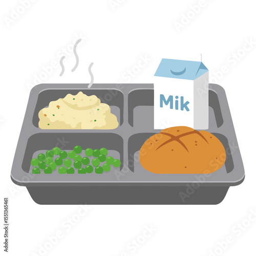 School Lunch Tray with Mashed Potatoes and Milk, Flat Icon