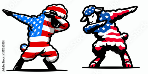 Sheep. Dabbing Independence Day 4th of July American Flag Patriotism Usa Funny Clipart Line Art Vector Illustration. Woolly farm creature a lamb source for fleece fabric or animal protein.