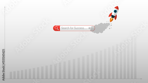 Search bar and rocket icon showing increasing graph trend data analytics, searching for launching a startup concept.