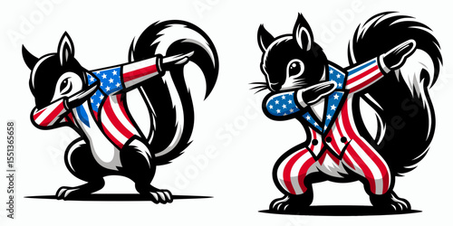 Squirrel. Dabbing Independence Day 4th of July American Flag Patriotism Usa Funny Clipart Line Art Vector Illustration. Rodent kind furry critter inhabiting woodland backyard wildlife.