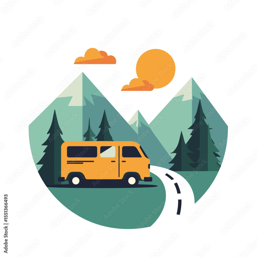 Obraz premium Vector illustration of a yellow van driving on a mountain road with forest and sunset. Travel and road trip concept