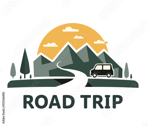 Vector image of a van on a curved road surrounded by mountains and trees during sunset. Road trip travel badge